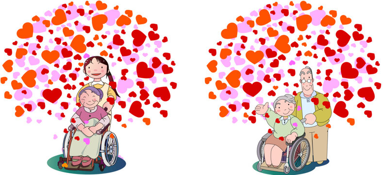Heartwarming illustration of elderly people in wheelchairs with family or caregivers, heart background