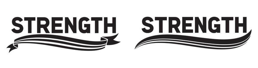 Bold black vector typography of the word &ldquo;STRENGTH&rdquo; with dynamic ribbon lines underneath, symbolizing power, resilience, motivation, and confidence. 