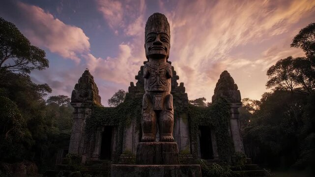 Ancient monument with large statue under the cloudy sky, and the building surrounded by trees