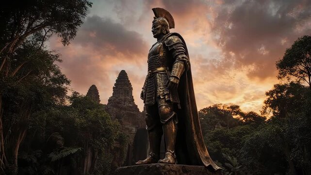 Statue of knight in bronze with historical structures in background under dramatic sunset.