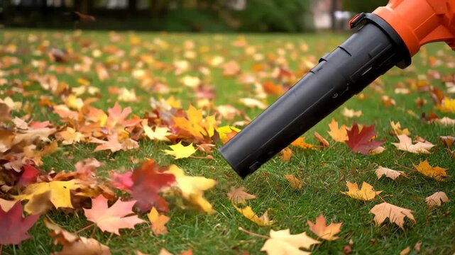 Blower clears autumn leaves from lawn