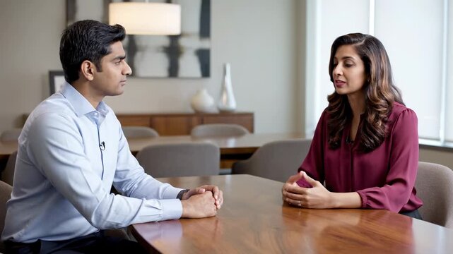 Conversation across table. One person listening attentively while another speaks across a table, capturing quiet focus and interpersonal communication.