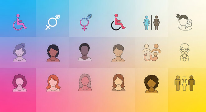 International womens day diverse group of people icons representing different genders, ethnicities, and abilities on a colorful gradient background with various symbols