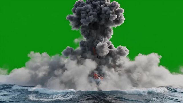 Underwater explosion &ndash; fireball effect on surface with water mist and smoke on green screen background