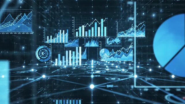 Growing and shrinking holographic charts. Holographic charts grow and shrink in an abstract virtual space, showing fluid data visualization with subtle motion.