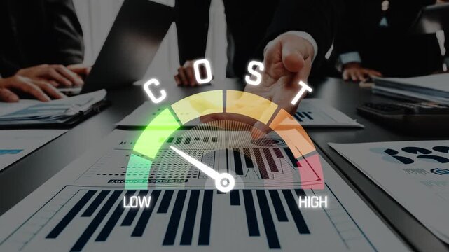 A professional team collaborates in an office setting, utilizing a cost gauge overlay on financial reports to analyze business expenses and performance metrics. Raster