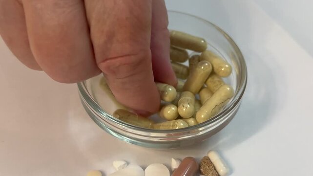 Close-up of woman's fingers counting capsules in glass jar, soft clinical lighting, beige herbal capsules with visible granules, careful fingertip movement, dosing routine and supplement