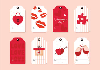Set of gift tags for Valentine's Day. Cute and stylish tags with hearts, kisses. Vector illustration with pink isolated background.