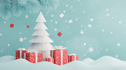 A Festive Winter Wonderland with White Tree Red Gifts and Falling Snow