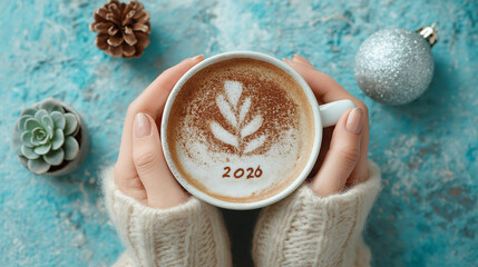 Cozy moment with latte art mug displaying 2026 surrounded by holiday decorations