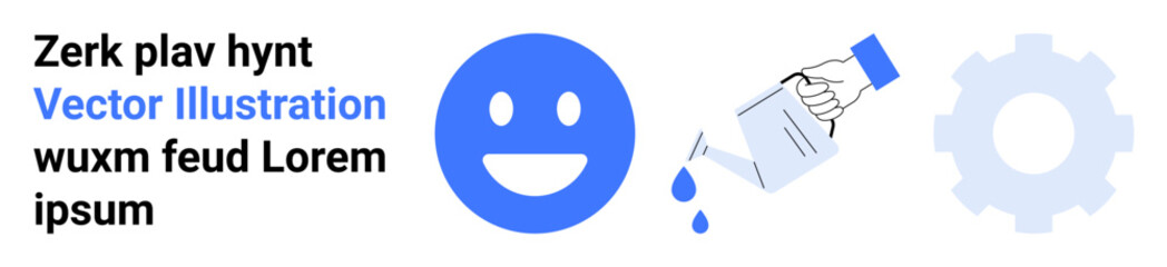 Obraz premium Design, education, technology, creativity, business, communication. Blue happy face, watering can pouring water gear icon. Design and education concepts