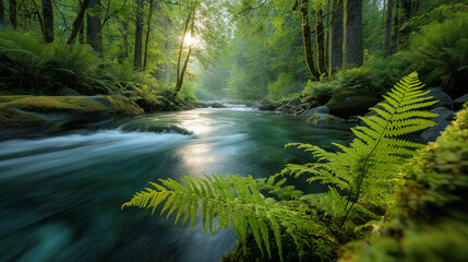 Emerald Forest River Flowing Through Lush Greenery at Sunrise