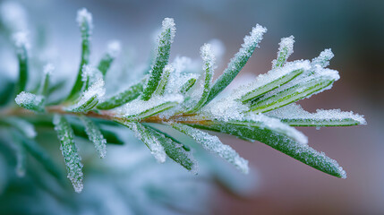 Delicate green plant sprig covered with shimmering white frost crystals during a cold morning
