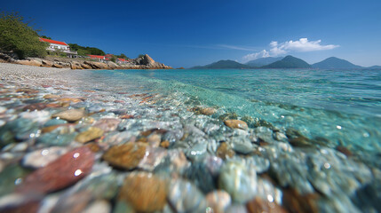 Clear Ocean Water Washing Over Colorful Beach Pebbles on a Sunny Day