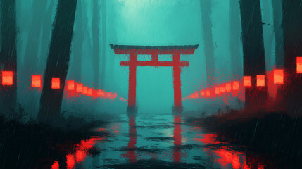 Red Torii Gate in a Rainy Teal Forest with Glowing Lanterns