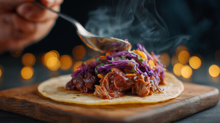 Delicious shredded meat taco topped with vibrant purple cabbage and rising steam