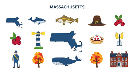 Obraz premium Collection of Massachusetts State Symbols and Cultural Icons Representing History, Nature, and Local Traditions for Travel and Education