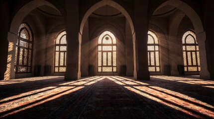 Obraz premium Sunlight streams through arched windows, casting dramatic shadows across the carpeted floor of a grand, empty hall with intricate architectural details.