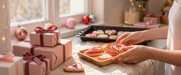 Festively Decorated Heart Cookies in a Cozy Kitchen with Gifts and Holiday Decorations