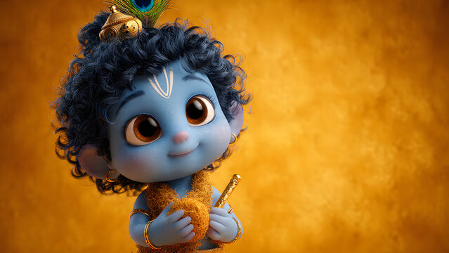 Cute Baby Krishna Holding Flute, Adorable Divine Hindu Spiritual Illustration