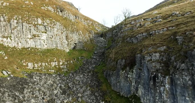 Aerial shot of rocky valley in Yorkshire Dales