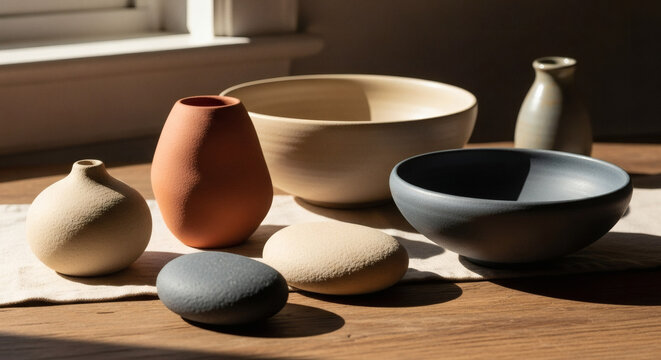 Artisanal Ceramic Pottery Displayed on Wooden Surface with Natural Light