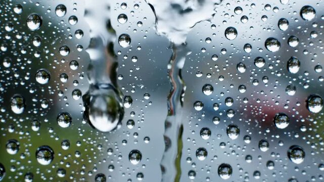 Raindrops on window glass. A close-up view of raindrops sliding slowly down a window glass, creating soft streaks and reflections.