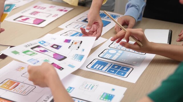 Panorama video of startup company employee planning on user interface prototype for mobile application or website in office. UX UI designer brainstorm designing user friendly interface plan. Synergic
