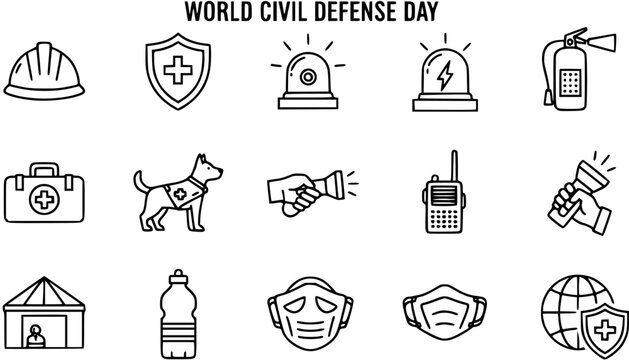 World Civil Defense Day Icons: Outline vector set for emergency, safety, rescue, and aid. Includes helmet, siren, first aid, dog, masks, and globe.