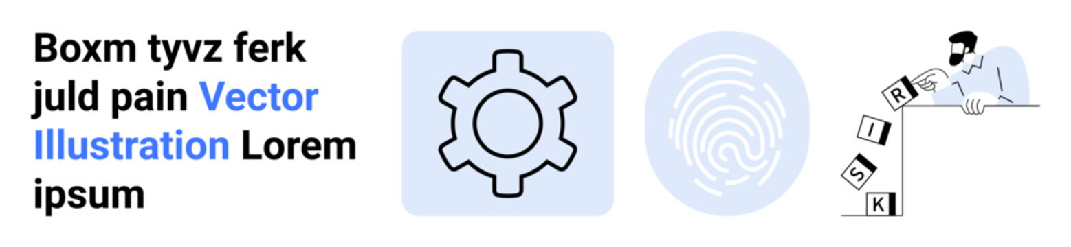 Gear for settings, fingerprint for security, and man toppling risk blocks. Ideal for technology, cybersecurity, workflow, risk management, innovation, strategy simple landing page