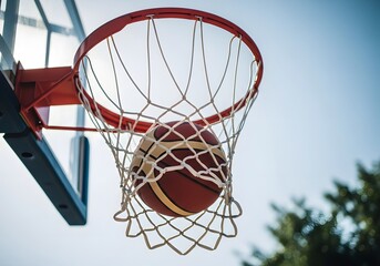 Naklejka premium Basketball Going Through Net on Outdoor Court Against Blue Sky during Sunny Day
