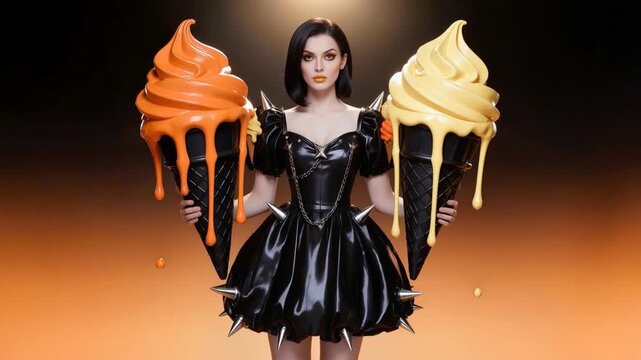 Gothic glamour model in shiny black latex dress with spikes and chains holds massive melting orange and yellow soft-serve ice cream cones