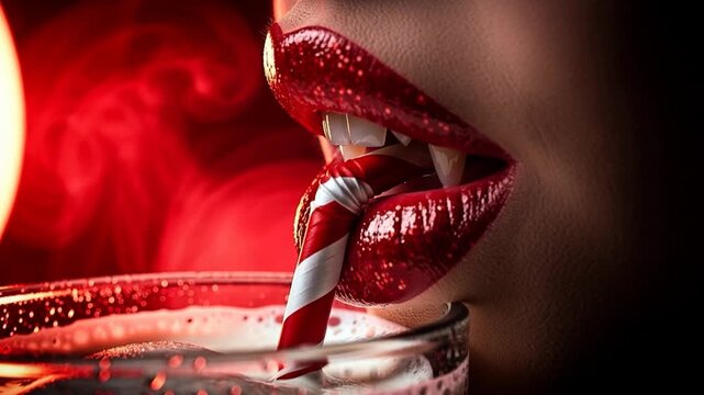 Close-up of a seductive vampire with glittery red lips and visible fangs sensually sipping a creamy milkshake through a candy-cane striped straw in dramatic red-tinted lighting