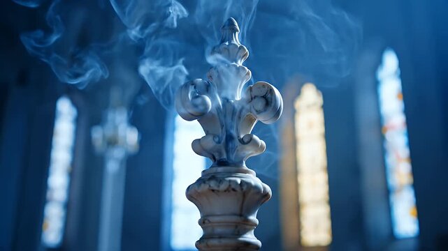 Fleur de Lis Sculpture with Incense Smoke in a Blue Church Interior
