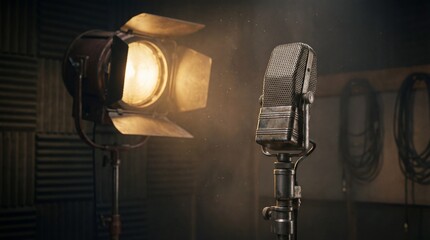 Retro Broadcast Microphone in Recording Studio With Warm Light