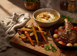 A high-resolution, professional culinary photograph featuring a creamy soup with croutons, a roasted lamb shank in a cast-iron skillet, and glazed root vegetables on a wooden board.