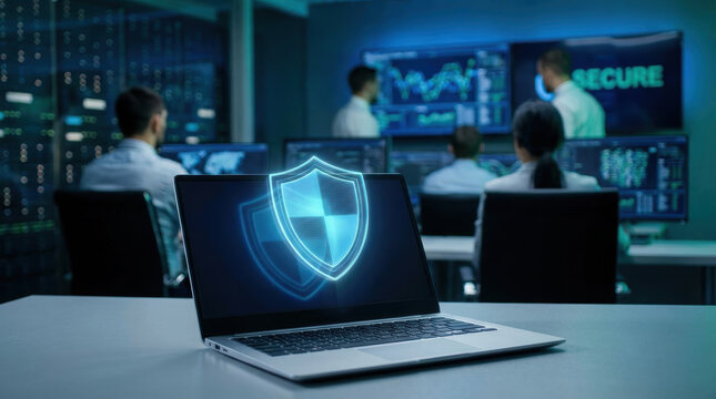 Cyber security laptop shield networking icons optimization project innovation privacy protect safe attack buying security team office online privacy protection