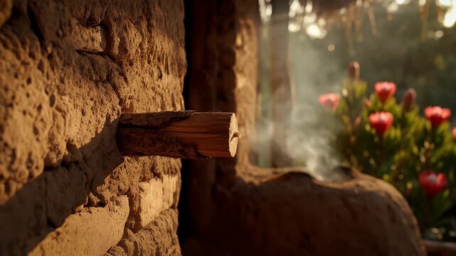 Man hammers wooden peg into rustic earthen wall during golden hour