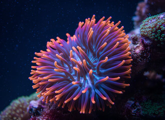 A professional high-contrast stock photo showcasing a vibrant sea anemone with purple and orange-tipped tentacles waving gracefully underwater. Surrounded by sparkling particles.