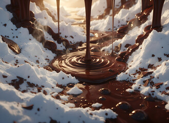 A breathtaking hyper-realistic image featuring rich, molten chocolate pouring onto a pristine white snow landscape. The steam rising from the liquid highlights the contrast between heat and cold.