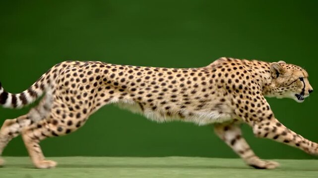 A cheetah running fast in front of a green background, full body view