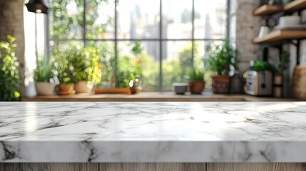 Fototapeta premium A bright and airy kitchen countertop with potted plants in the background, bathed in natural light