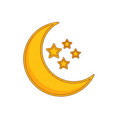 Yellow crescent moon with stars isolated on transparent background