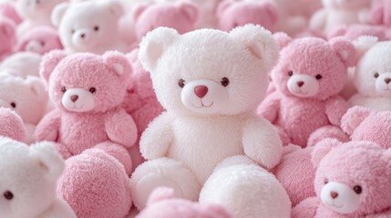 An endearing assembly of fluffy white and delicate pink teddy bears, creating a heartwarming scene of cuddly companionship and gentle comfort