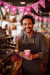 A smiling barista offers a cup of coffee toward the camera. Cheerful decor and pink Valentine accents brighten the cozy cafe interior.