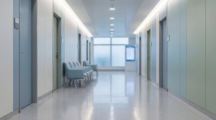 Clean Clinic Corridor With Seating Area and Patient Room