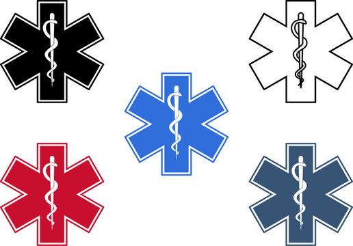 Star of Life medical emergency symbol icon set with Rod of Asclepius. EMS healthcare sign suitable for ambulance, hospital, first aid, safety, medical services, and emergency design.
