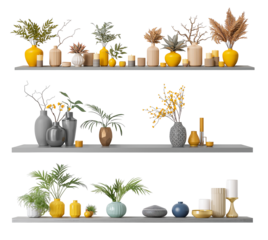 shelf, flowerpot with plant, candle isolated on transparent background