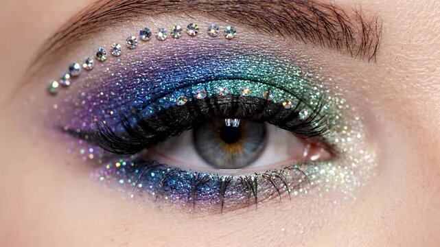 A close-up of a glamorous eye with glitter and rhinestones