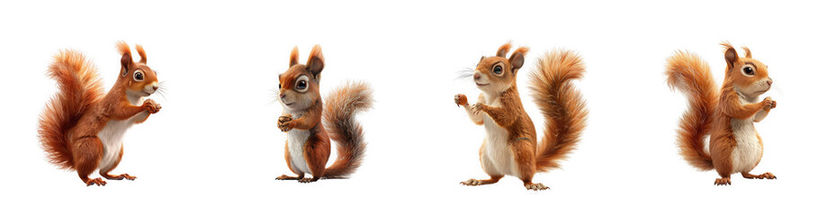 Obraz premium Four cartoon squirrels in various poses digitally illustrated ideal for design projects on transparent background